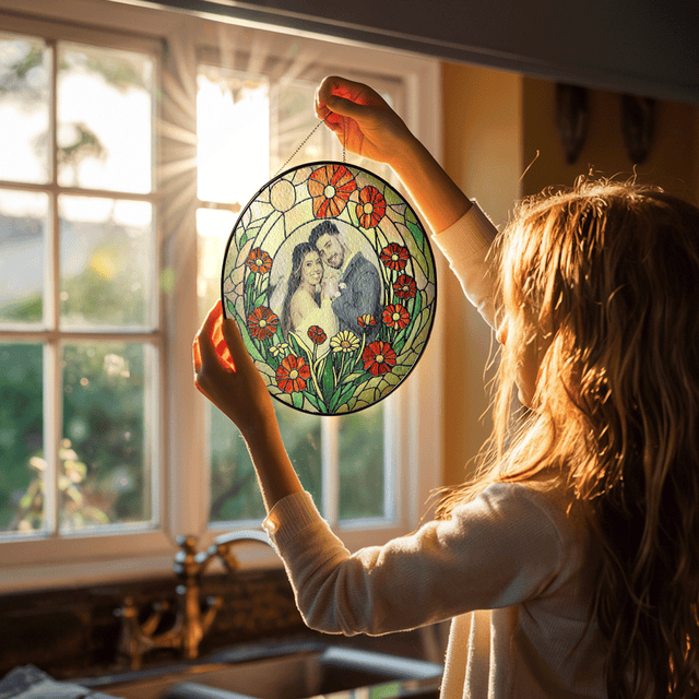 Personalized Photo with Floral Flower Stained Glass Suncatcher