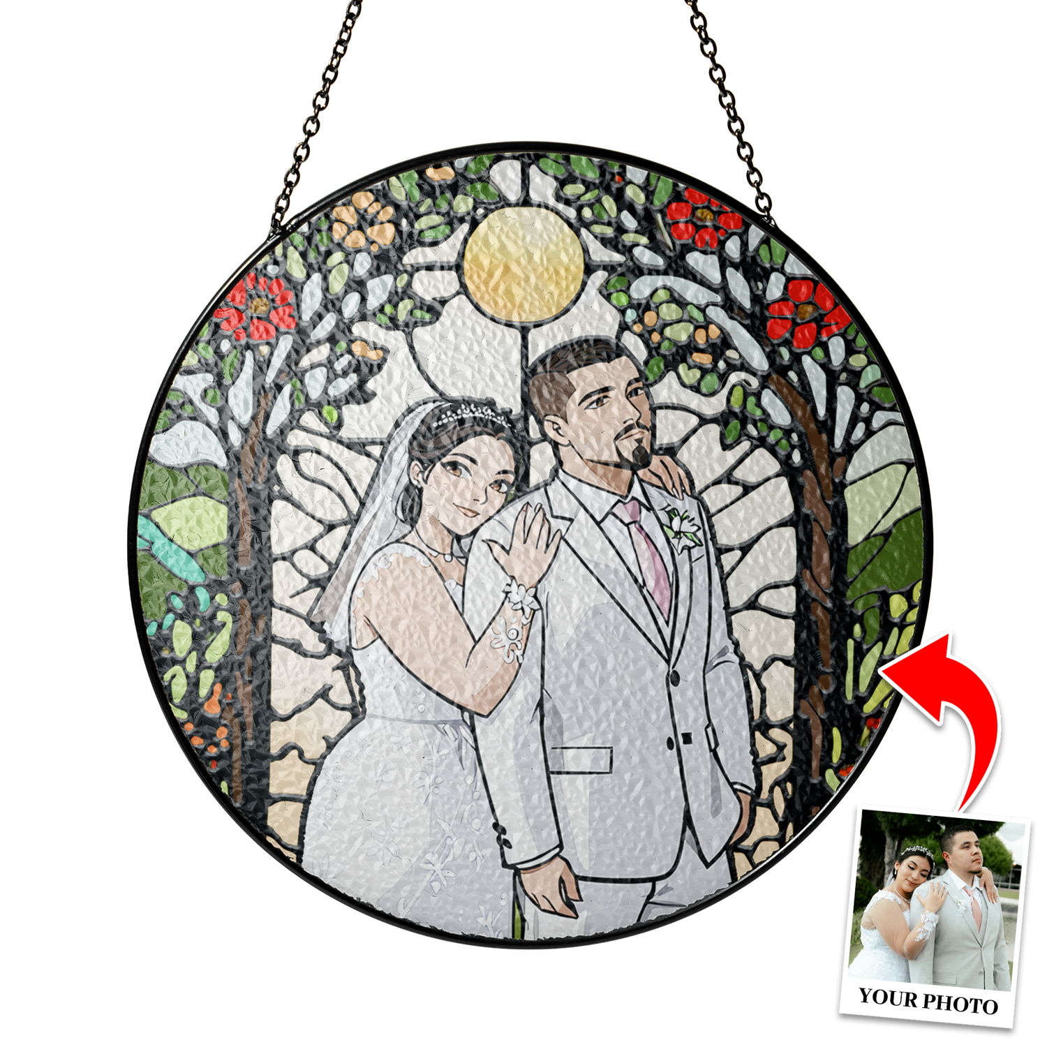 Custom Photo with Floral Design Stained Glass Suncatcher