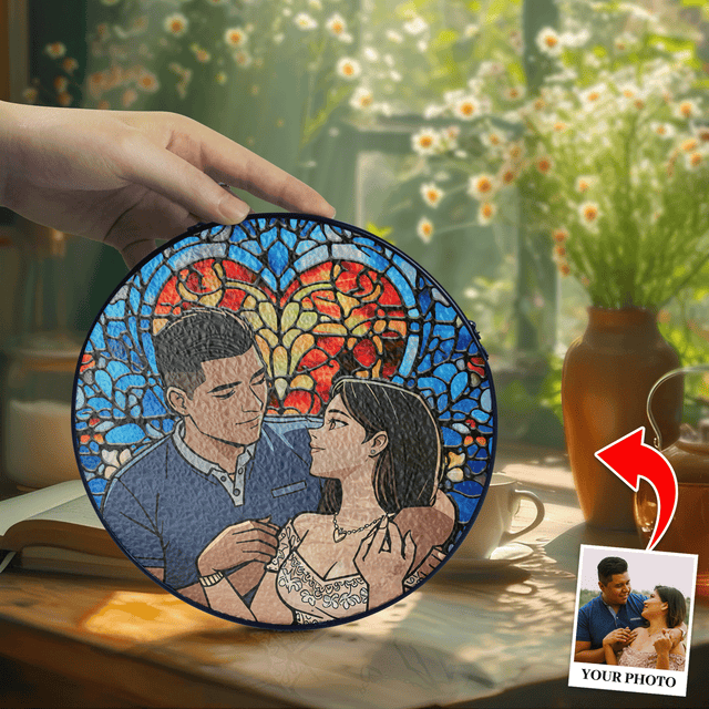 Personalized Photo with Heart Design Stained Glass Suncatcher: