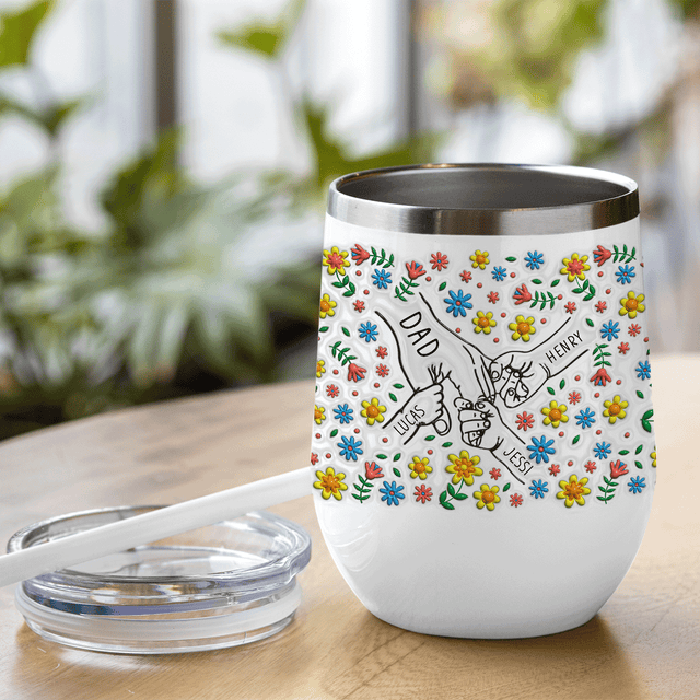 Dad and Kids Holding Hand Flower Wine Tumbler