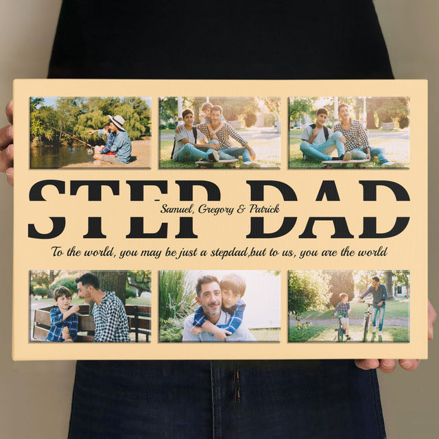 Step Dad Maize Background Photo Collage Canvas, Custom Name Photo Text