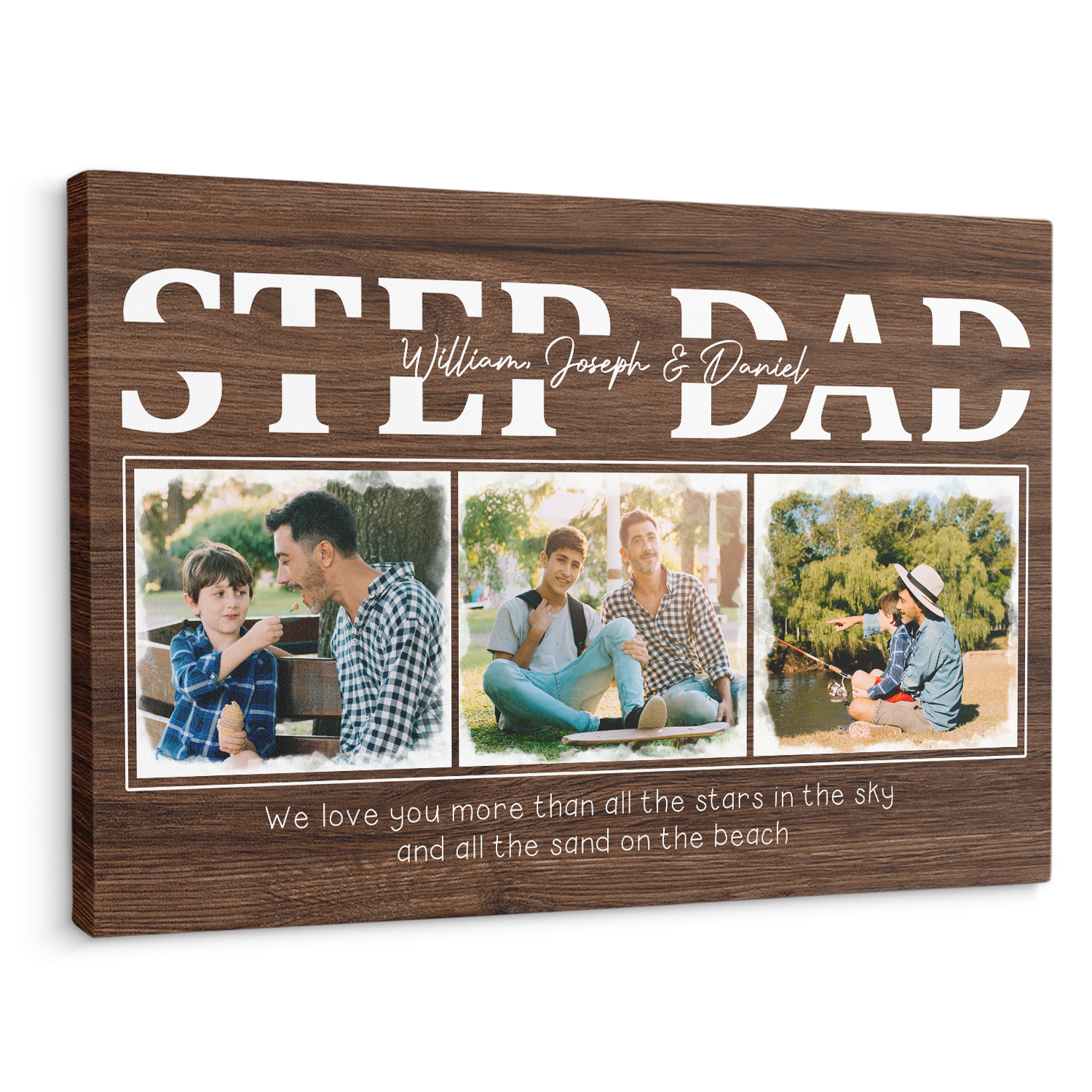 Step Dad Wood Background Canvas, Custom Name Photo Text