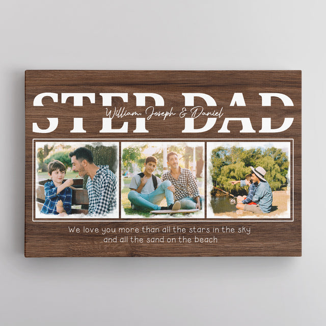 Step Dad Wood Background Canvas, Custom Name Photo Text