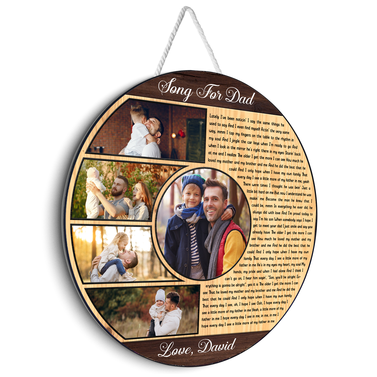 Song for Dad Round Wood Sign, Custom Name Photo Text Song Lyrics