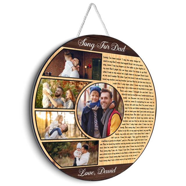 Song for Dad Round Wood Sign, Custom Name Photo Text Song Lyrics