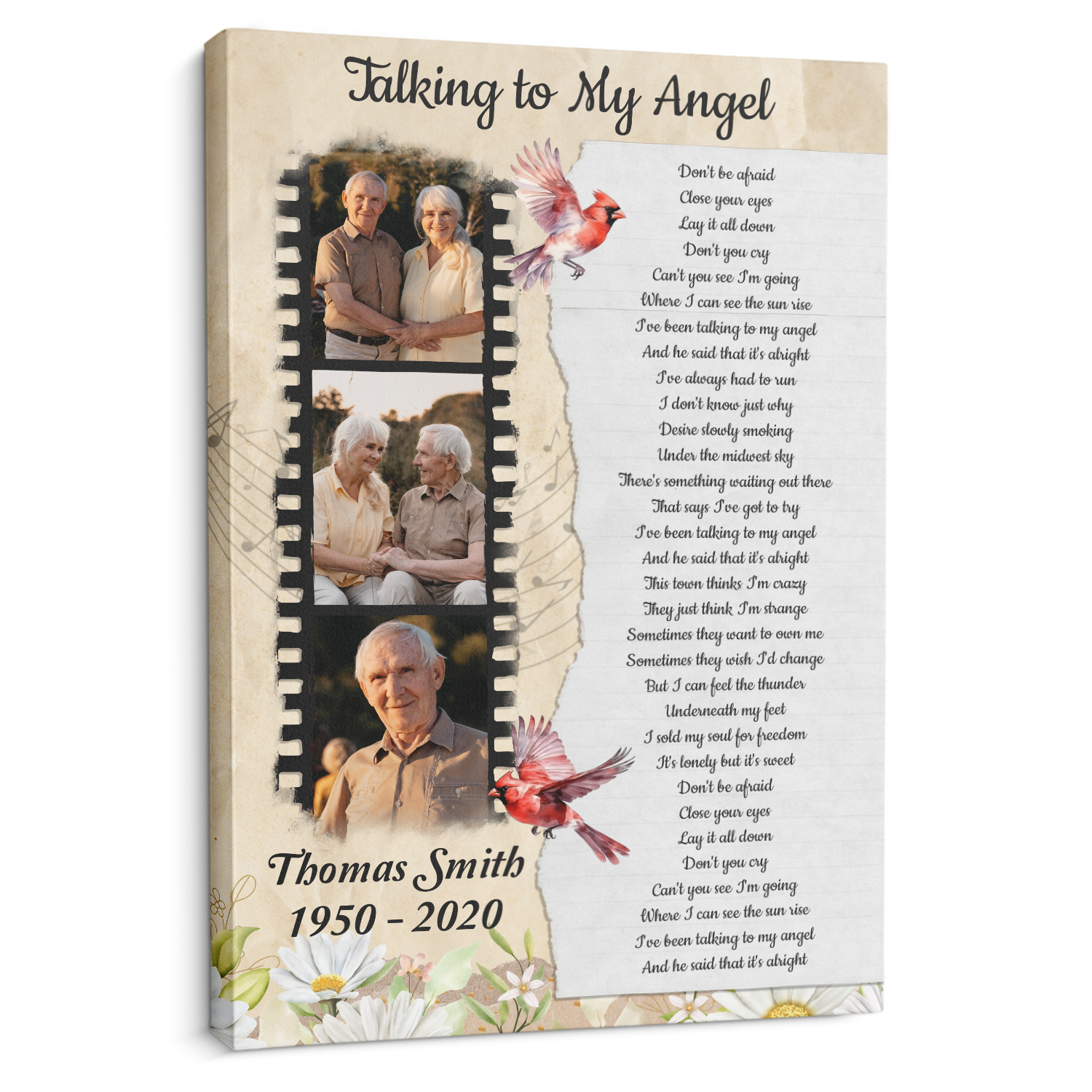 Custom Photo Cardinal Memorial Canvas, Vintage-Style with Song Lyrics