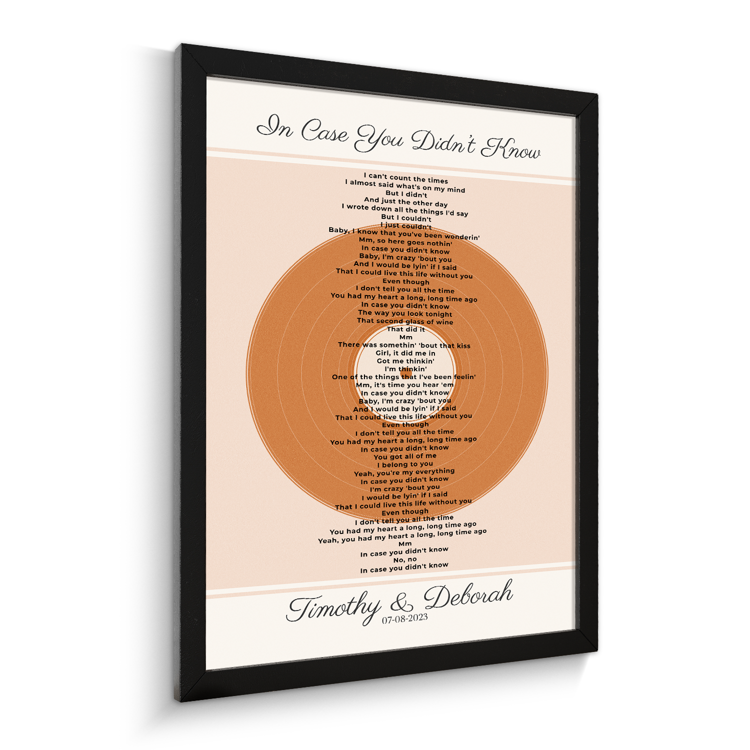 Personalized Song Lyrics & Date, Sandy Vinyl Record Framed Art Print