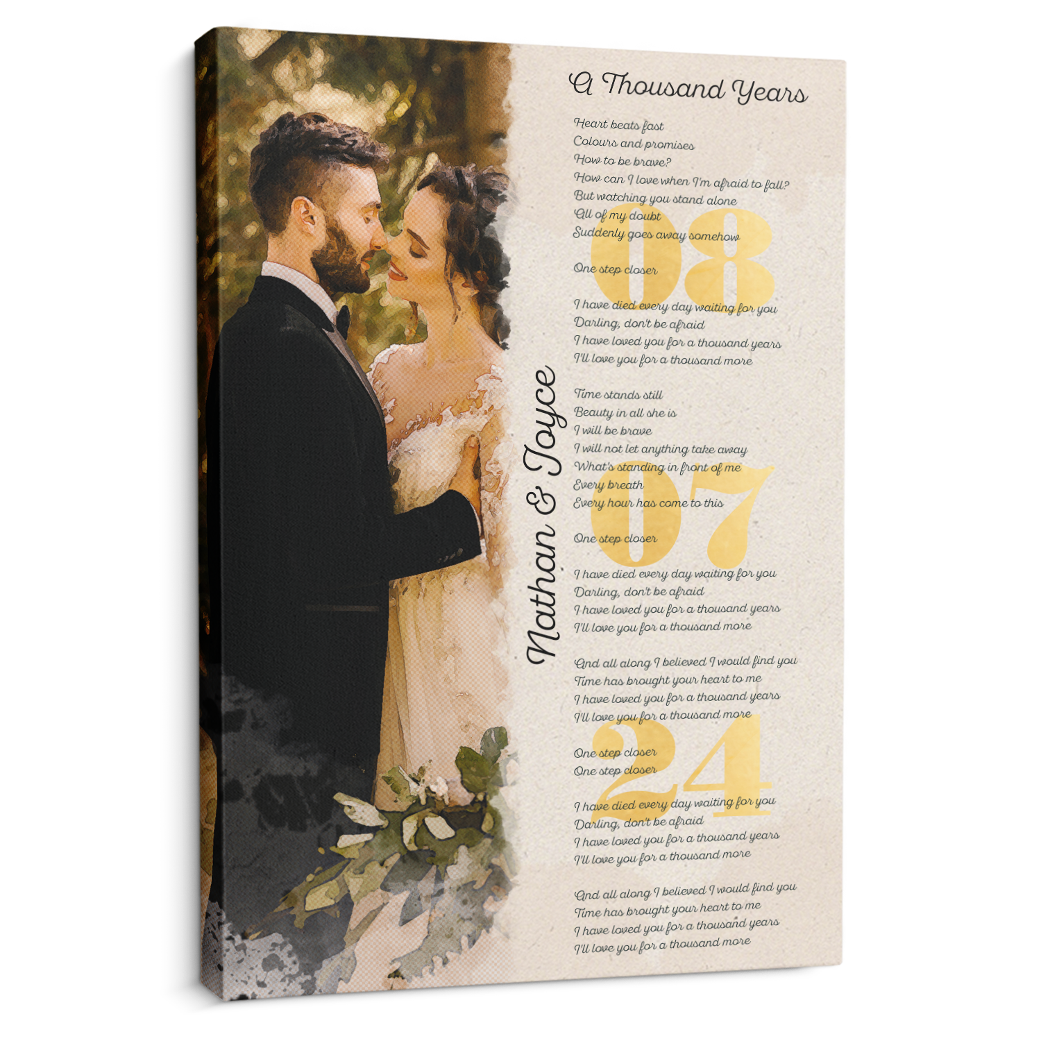 Custom Watercolor Couple Portrait and Gold Date, Lyrics Wall Art