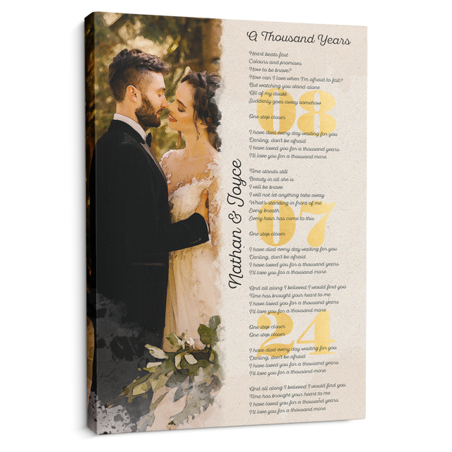 Custom Watercolor Couple Portrait and Gold Date, Lyrics Wall Art