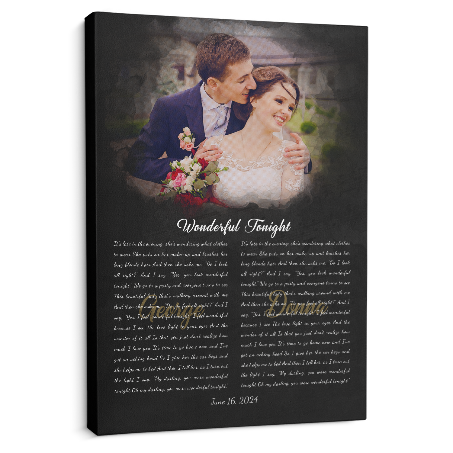 Custom Wedding Vows or Song Lyrics Canvas, Couple Portrait Art