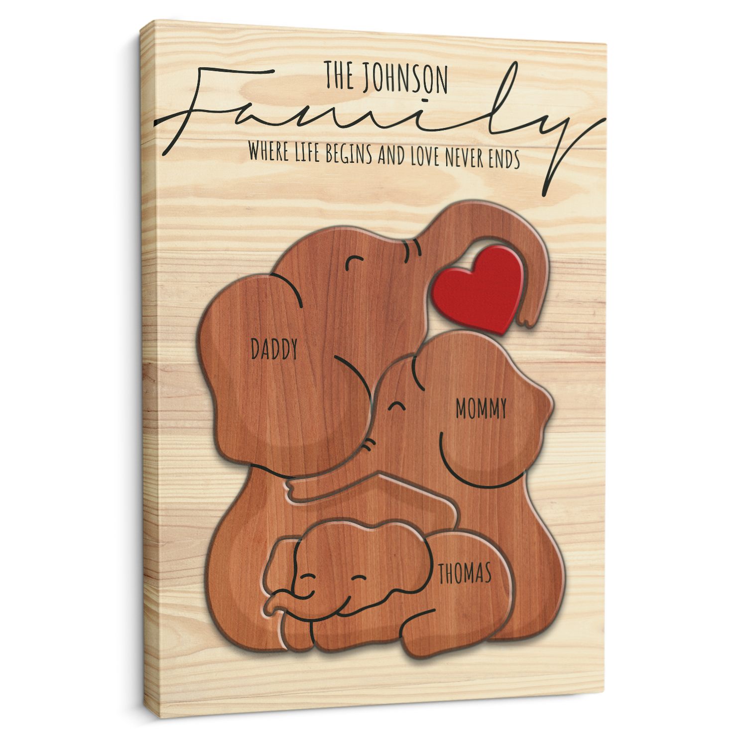 Wooden Elephant Family Puzzle on Canvas, Custom Family Name