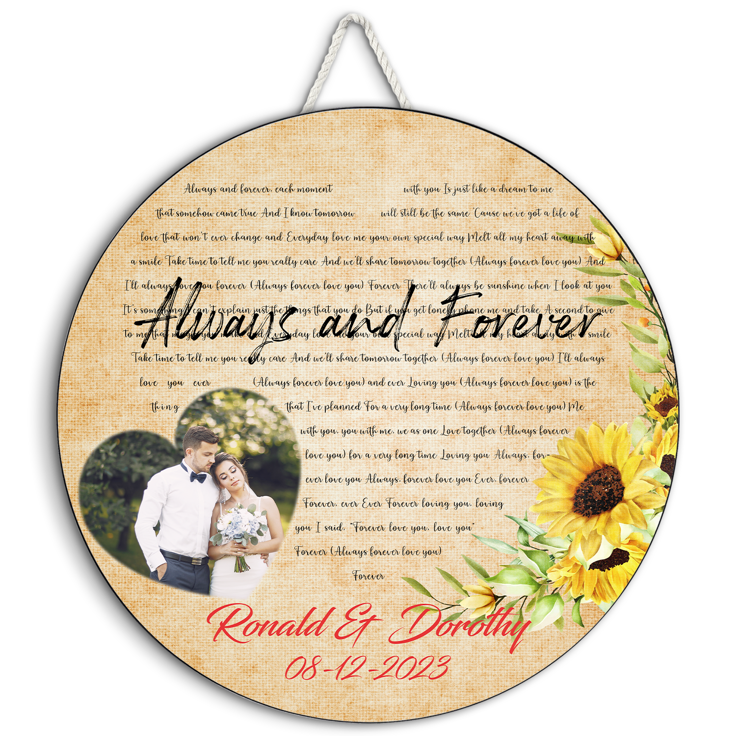 Custom Song Lyrics, Upload Photo, Heart Shape, Customizable Song Name And Text Round Wood Sign