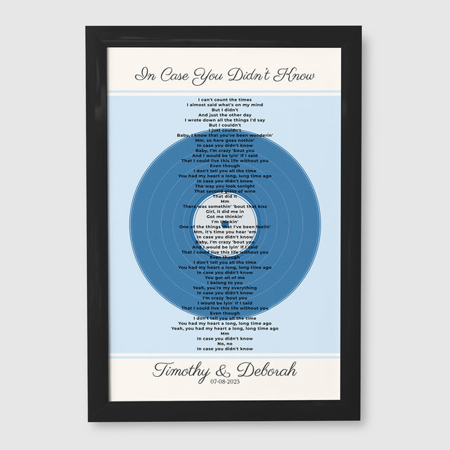 Personalized Frame Song Lyrics With Date, Ice Blue Vinyl Record Framed Art Print
