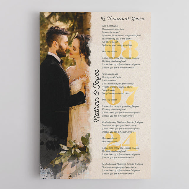 Custom Watercolor Couple Portrait and Gold Date, Lyrics Wall Art