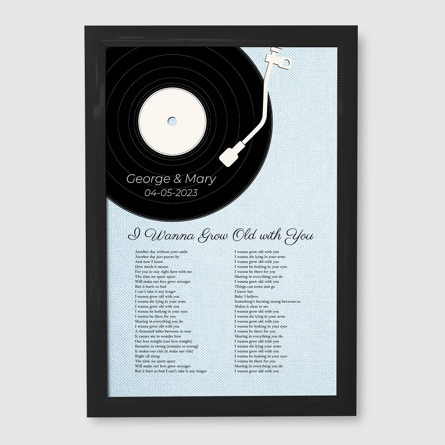 Custom Song Lyrics On Wall Art, Ice Blue Vinyl Record Pastel Framed Art Print