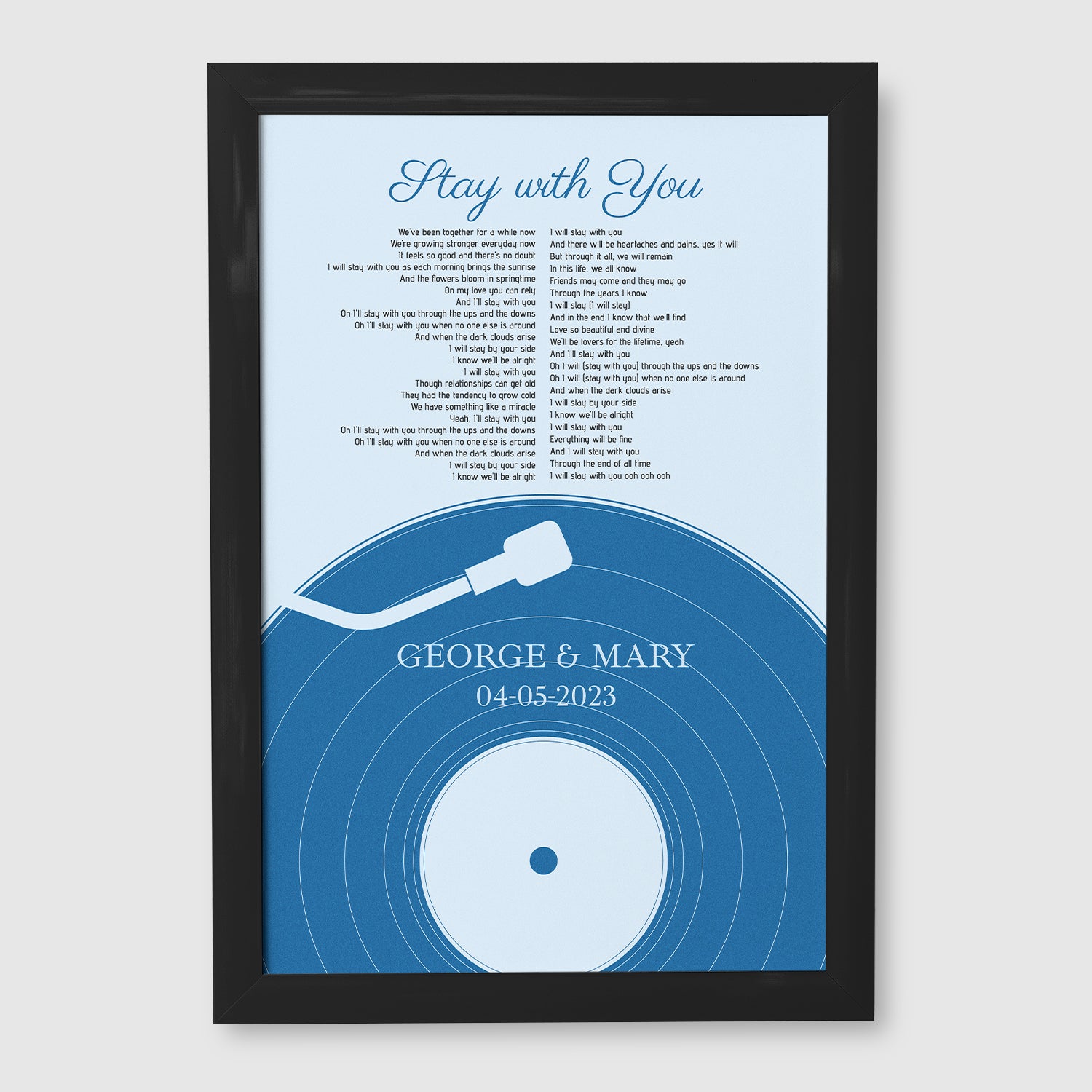 Personalized Frame With Song Lyrics, Pastel Blue Vinyl Record Framed Art Print
