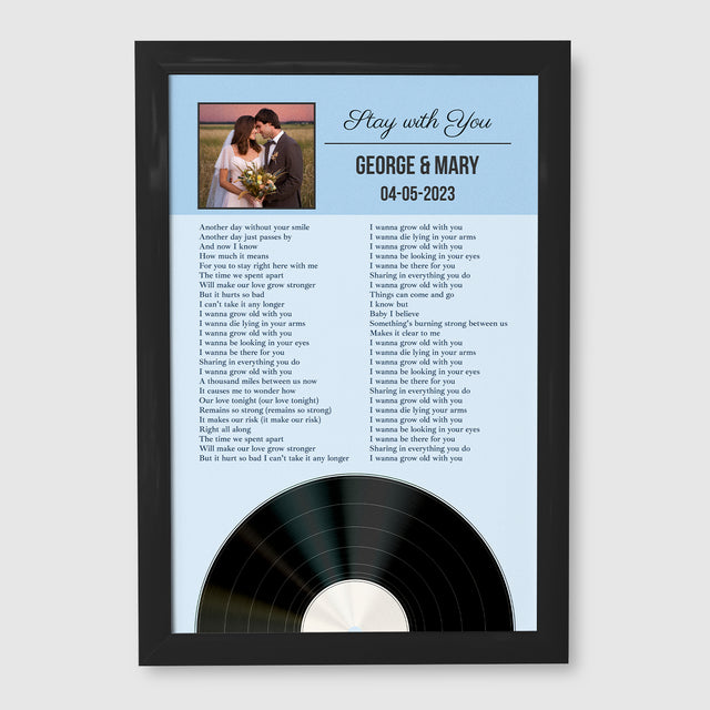 Personalized Favorite Song Lyrics, Ice Blue Framed Art Print with Your Own Photo
