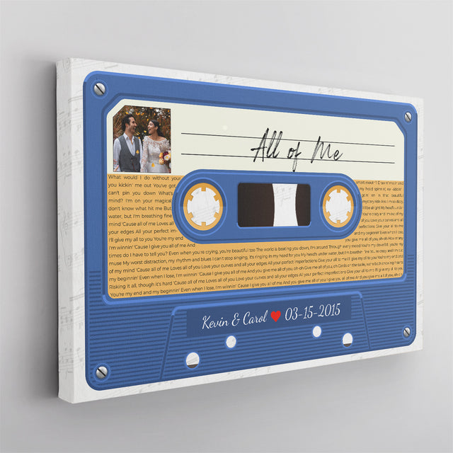 Custom Song Lyrics, Customizable Text And Upload Photo, Blue Cassette Tape Canvas Wall Art