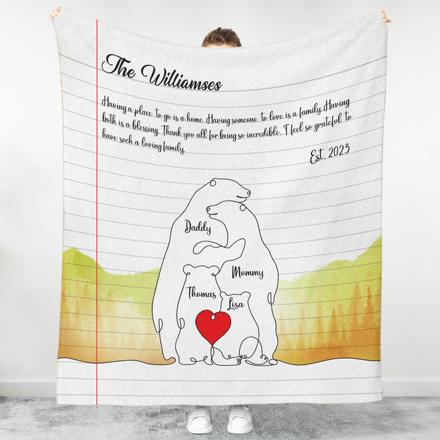 One Line Art Polar Bear Family Puzzle Blanket, Custom Family Name & Date