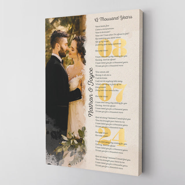 Custom Watercolor Couple Portrait and Gold Date, Lyrics Wall Art