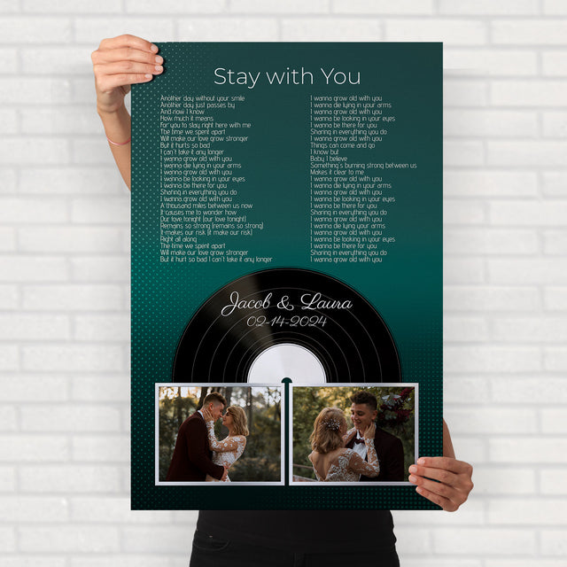 Personalized Photo Song Lyrics & Name, Retro Green Vinyl Record Framed Art Print