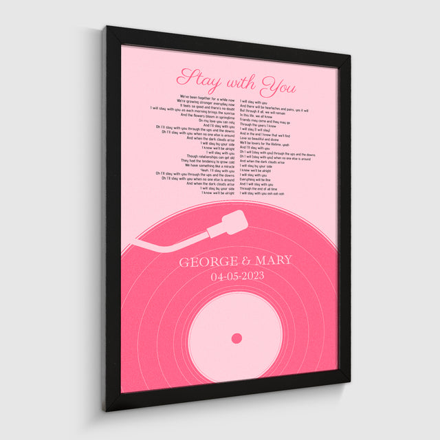 Pastel Pink Vinyl Record Framed Art Print, Customize Song Lyrics & Name