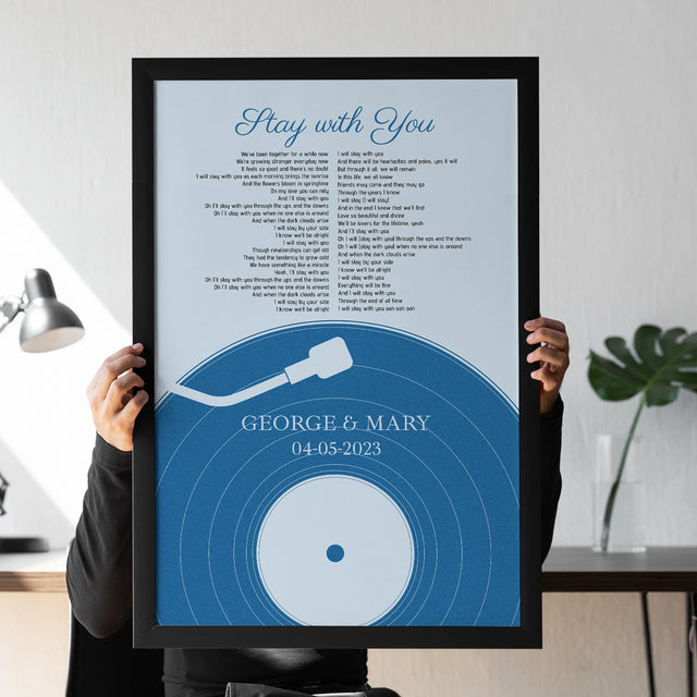 Personalized Frame With Song Lyrics, Pastel Blue Vinyl Record Framed Art Print