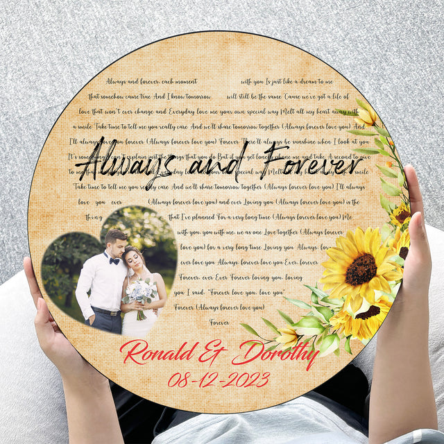 Custom Song Lyrics, Upload Photo, Heart Shape, Customizable Song Name And Text Round Wood Sign