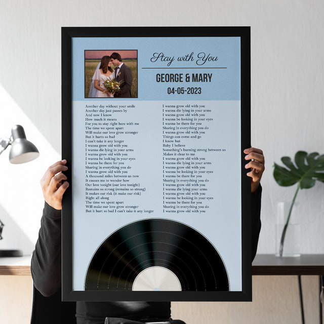 Personalized Favorite Song Lyrics, Ice Blue Framed Art Print with Your Own Photo