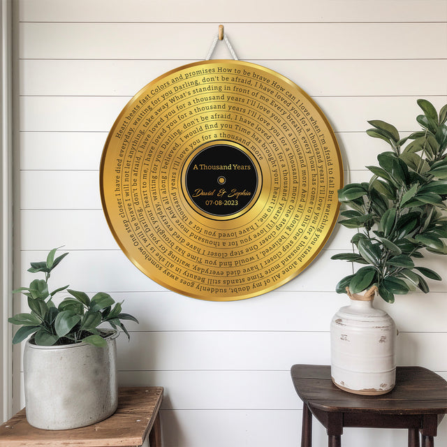 Custom Song Lyrics, Gold Vinyl Record, Customizable Song Name And Text Round Wood Sign