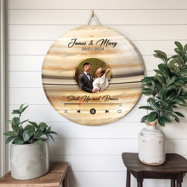 Custom Favorite Song Photo Round Wood Sign Saturn Planet Background