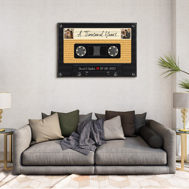 Custom Song Lyrics, Customizable Text And Upload Photo, Black Cassette Tape Canvas Wall Art