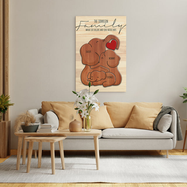 Wooden Elephant Family Puzzle on Canvas, Custom Family Name