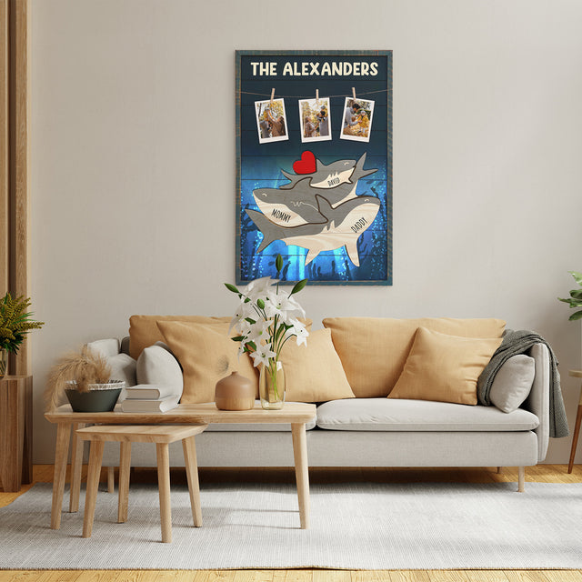 Personalized Shark Galaxy Canvas, Shark Family Puzzle Style, Custom Family Name