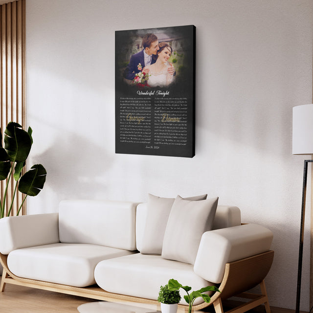 Custom Wedding Vows or Song Lyrics Canvas, Couple Portrait Art