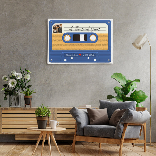 Custom Song Lyrics, Customizable Text And Upload Photo, Blue Cassette Tape Canvas Wall Art