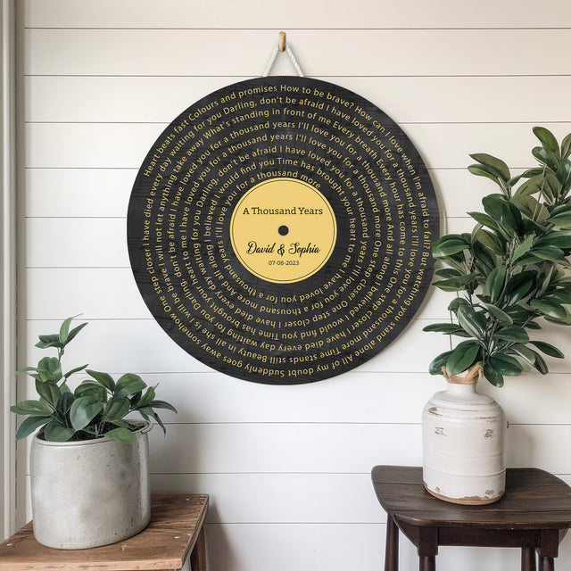 Custom Song Lyrics, Vinyl Record Style, Round Wood Sign