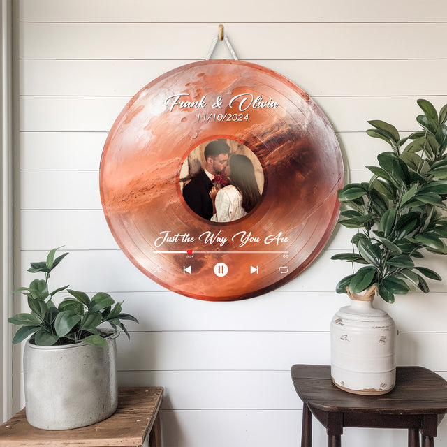 Custom Favorite Song Photo Round Wood Sign Mars Planet Background