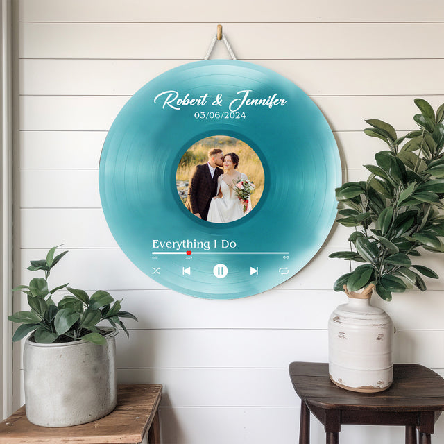 Personalized Wedding Song and Photo Round Wood Sign Watercolor Style