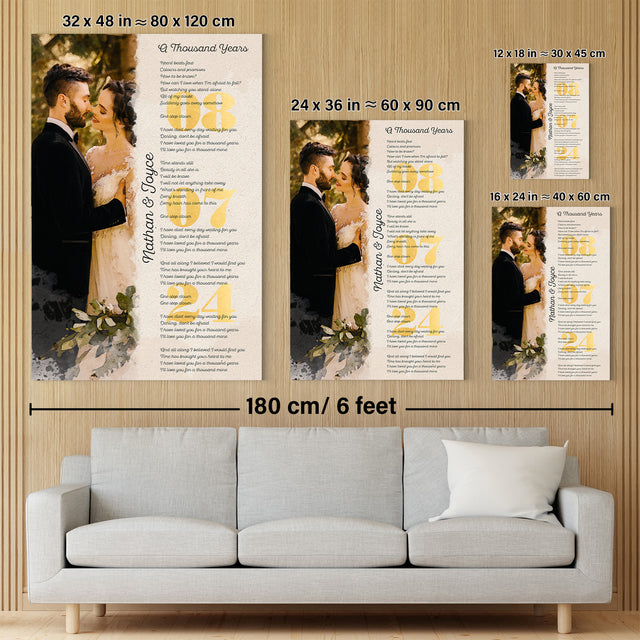 Custom Watercolor Couple Portrait and Gold Date, Lyrics Wall Art