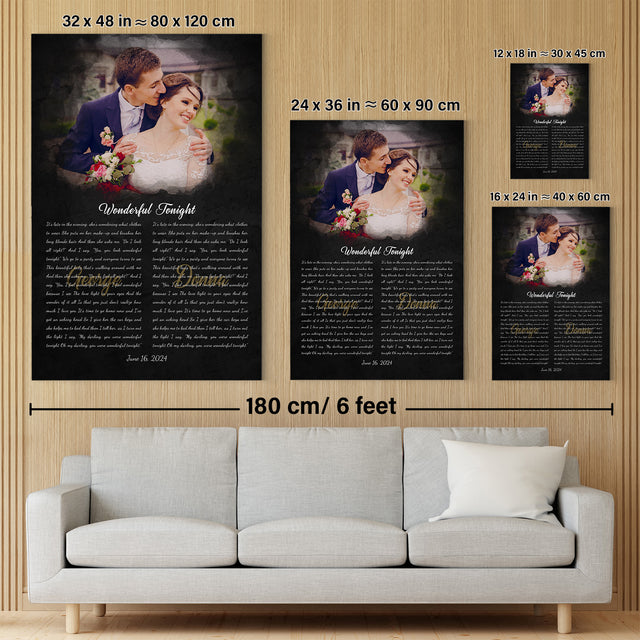 Custom Wedding Vows or Song Lyrics Canvas, Couple Portrait Art