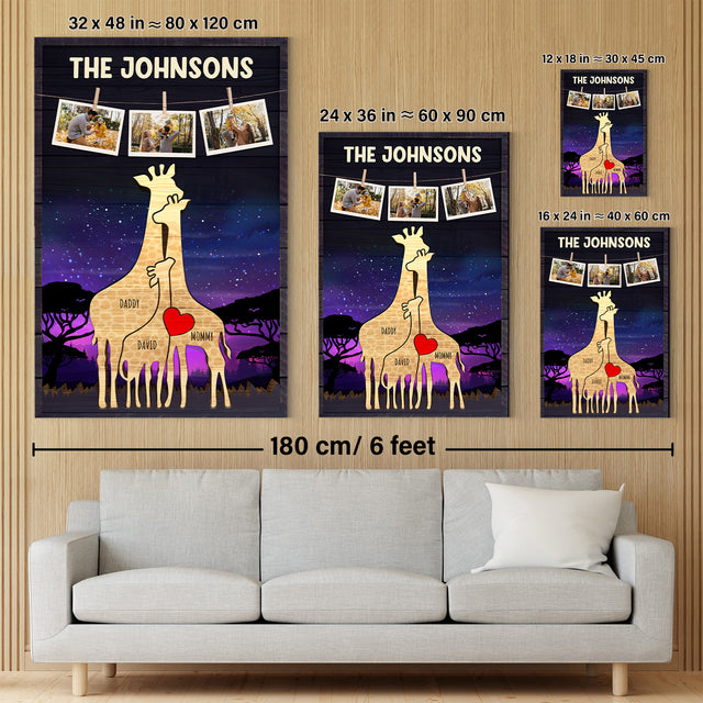 Personalized Giraffe Galaxy Canvas, Giraffe Family Puzzle Style, Custom Family Name