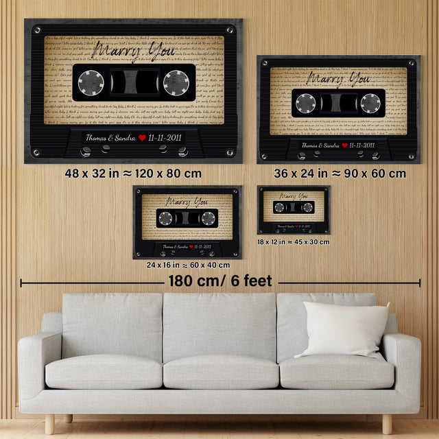 Custom Song Lyrics, Customizable Name, Date, Song Name Cassette Tape Canvas Wall Art