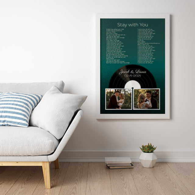 Personalized Photo Song Lyrics & Name, Retro Green Vinyl Record Framed Art Print