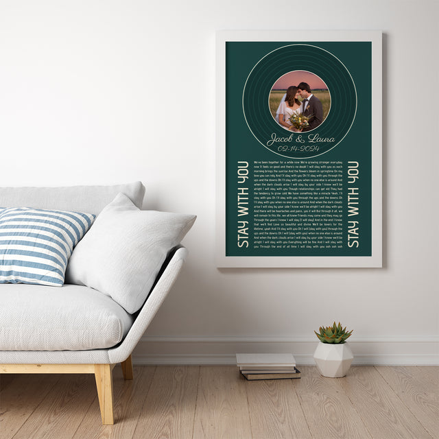 Forest Green Circular Photo Framed Art Print, Custom Song Lyrics Name Date