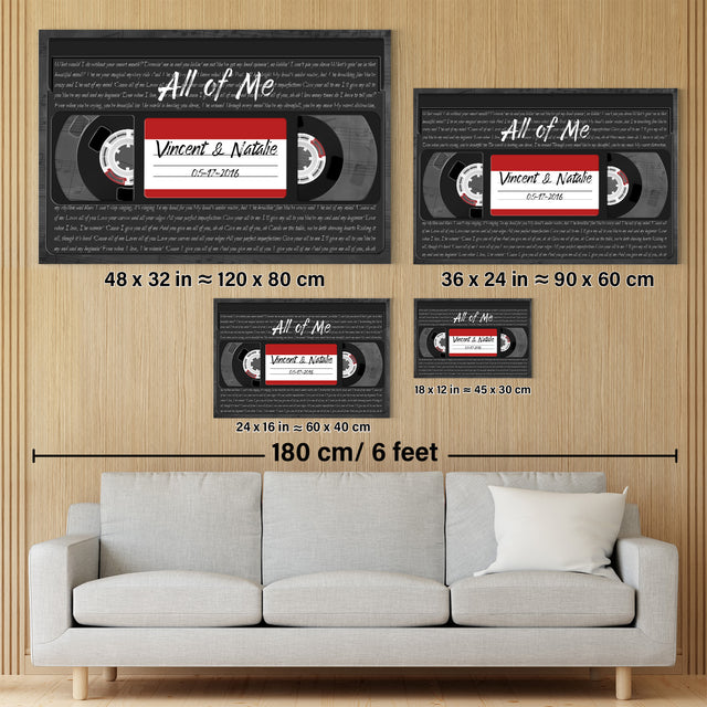 Custom Song Lyrics, Customizable Name, Date, Song Name VHS Tape Canvas Wall Art