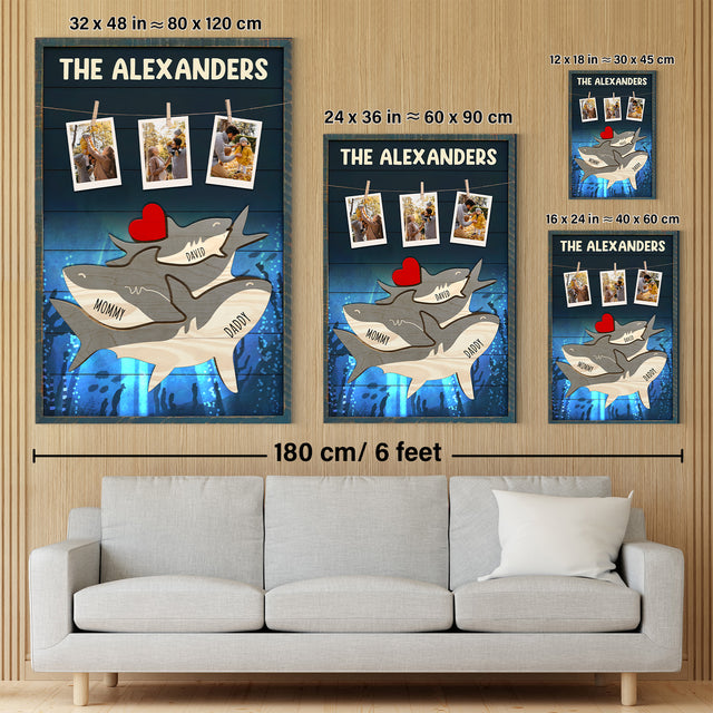 Personalized Shark Galaxy Canvas, Shark Family Puzzle Style, Custom Family Name