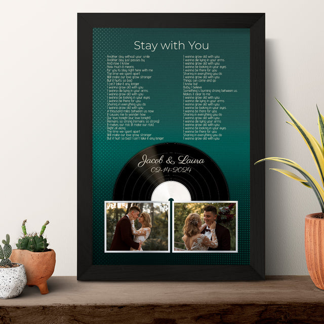 Personalized Photo Song Lyrics & Name, Retro Green Vinyl Record Framed Art Print