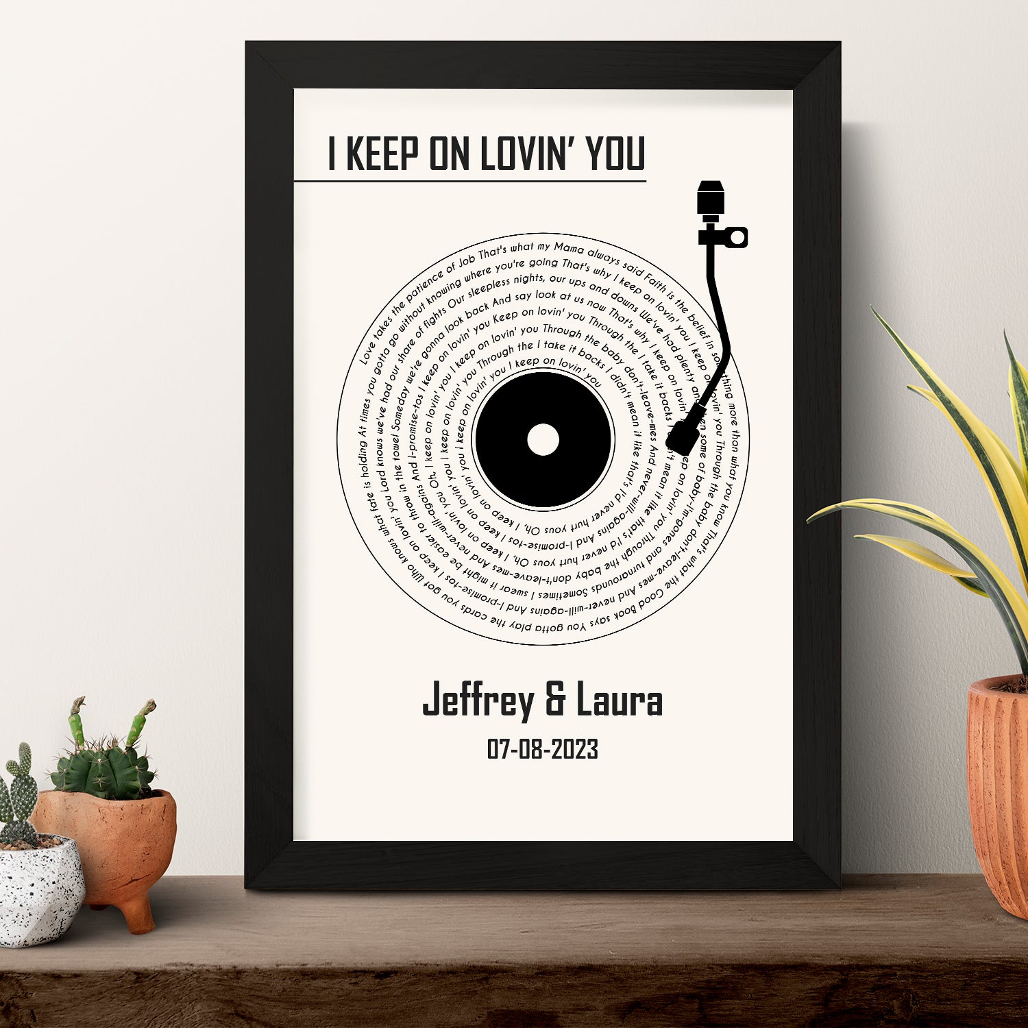 White Vinyl Record Framed Art Print, Custom Name & Song Lyrics