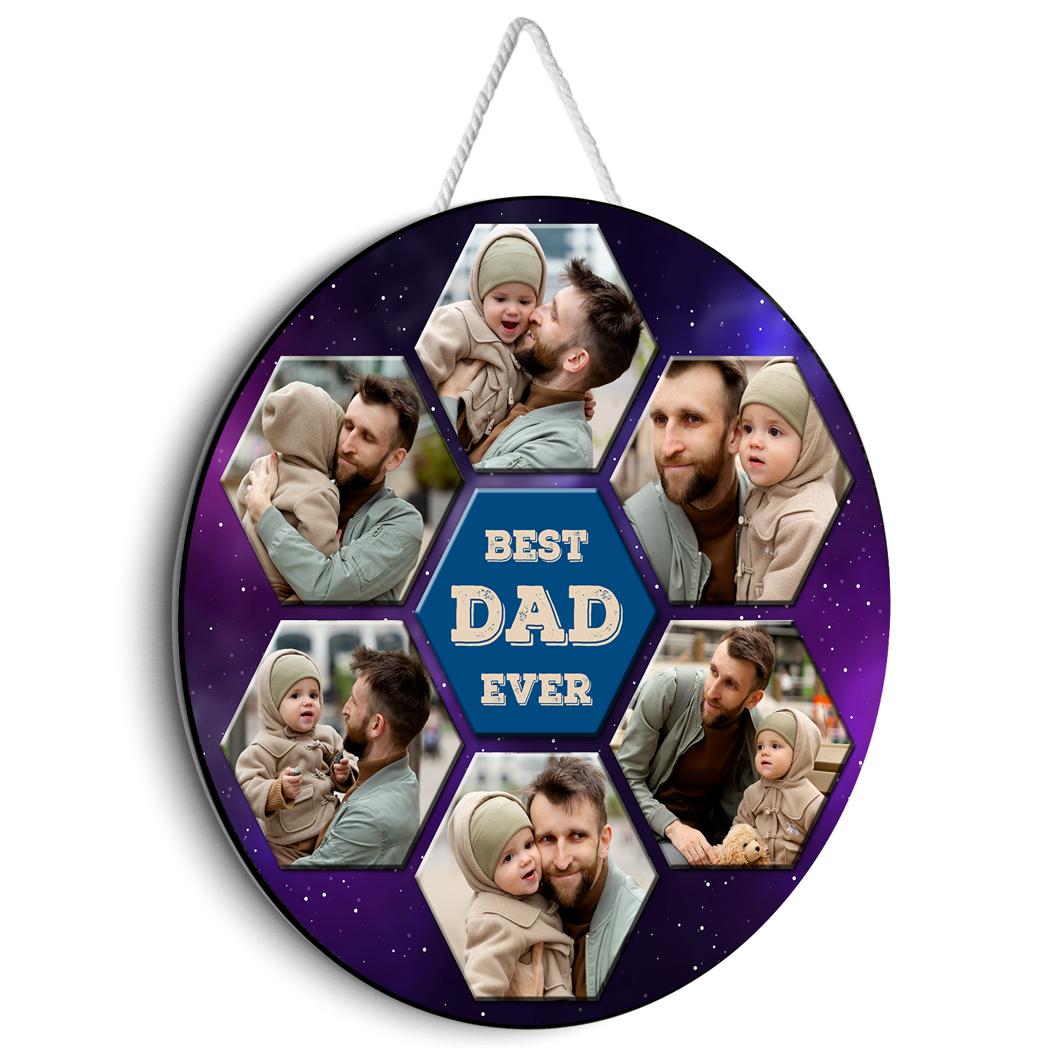 Best Dad Ever, Custom Photo Collage, Hexagon, Round Wood Sign